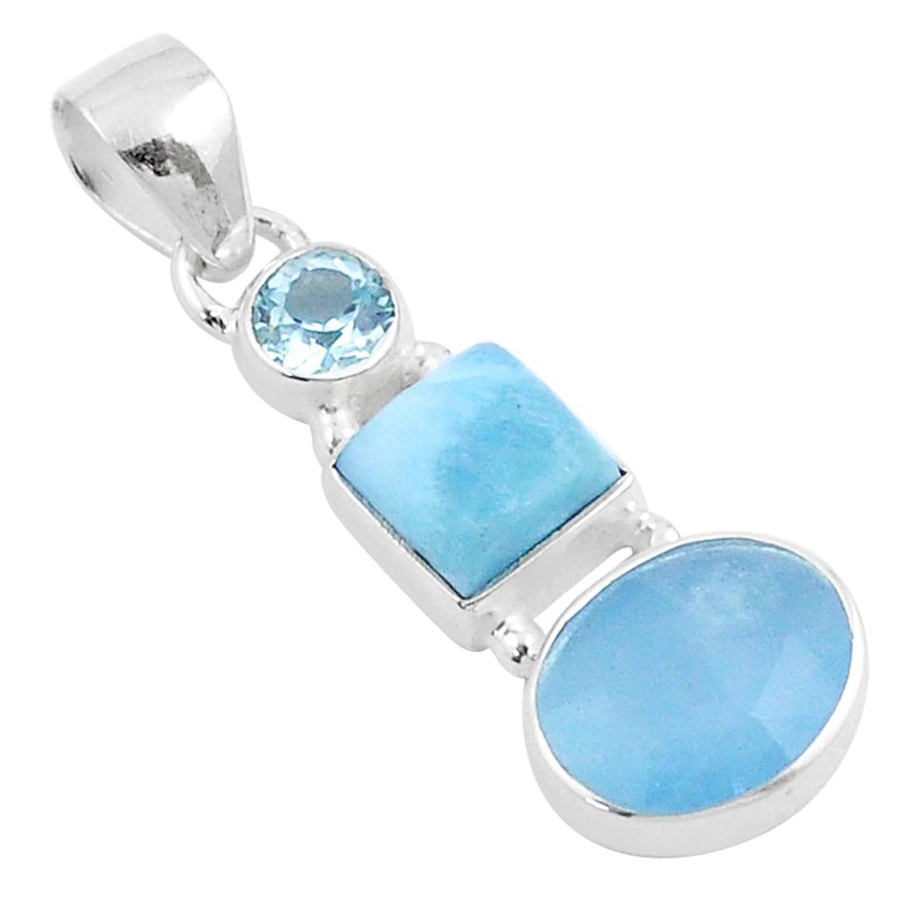 8.03cts 3 stone sea life natural blue aquamarine larimar topaz 925 silver pendant u20814