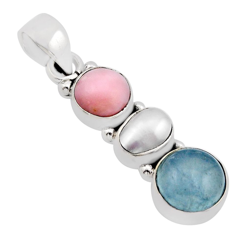 10.41cts 3 stone natural blue aquamarine pearl opal 925 silver pendant y93244