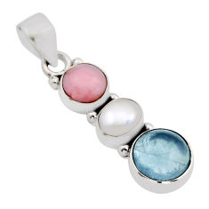 10.81cts 3 stone natural blue aquamarine pearl opal 925 silver pendant y93247
