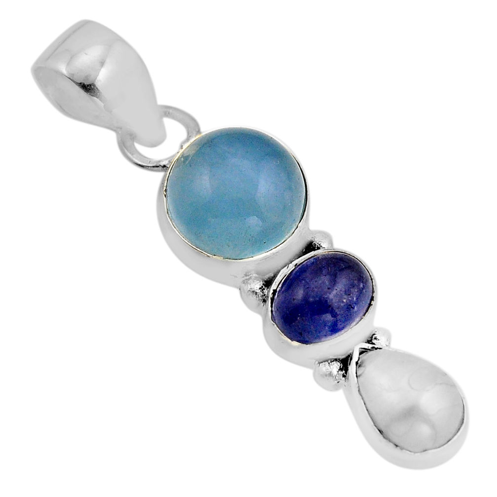 9.63cts 3 stone natural blue aquamarine tanzanite pearl silver pendant y93742