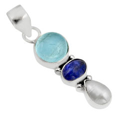 8.31cts 3 stone natural blue aquamarine tanzanite pearl silver pendant y93747
