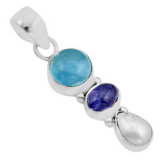8.55cts 3 stone natural blue aquamarine tanzanite pearl silver pendant y93751