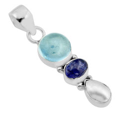 8.53cts 3 stone natural blue aquamarine tanzanite pearl silver pendant y93753