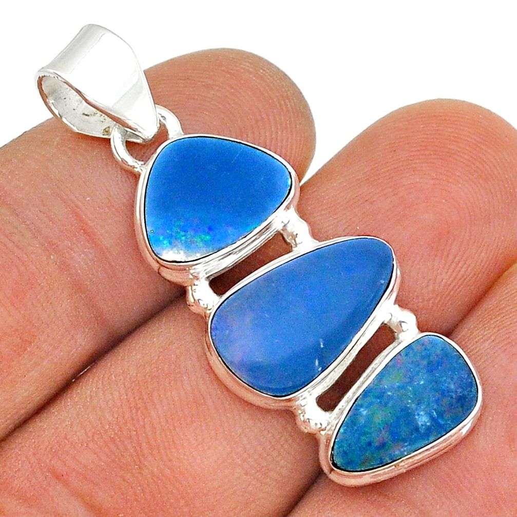 11.25cts 3 stone natural blue doublet opal australian 925 silver pendant u86825