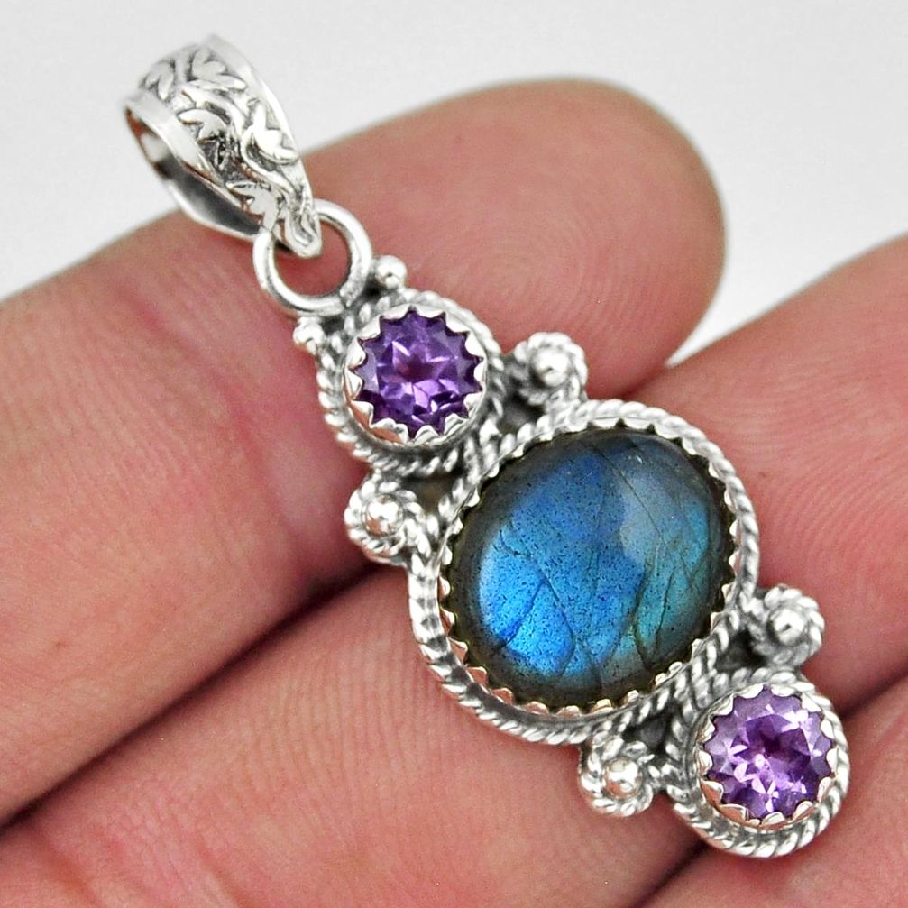 7.03cts 3 stone natural blue labradorite amethyst 925 silver pendant y44576