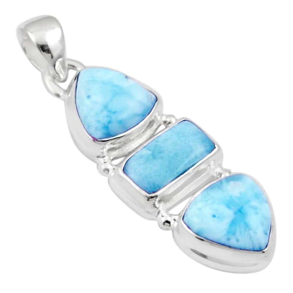 10.84cts 3 stone natural blue larimar 925 sterling silver pendant jewelry u15894