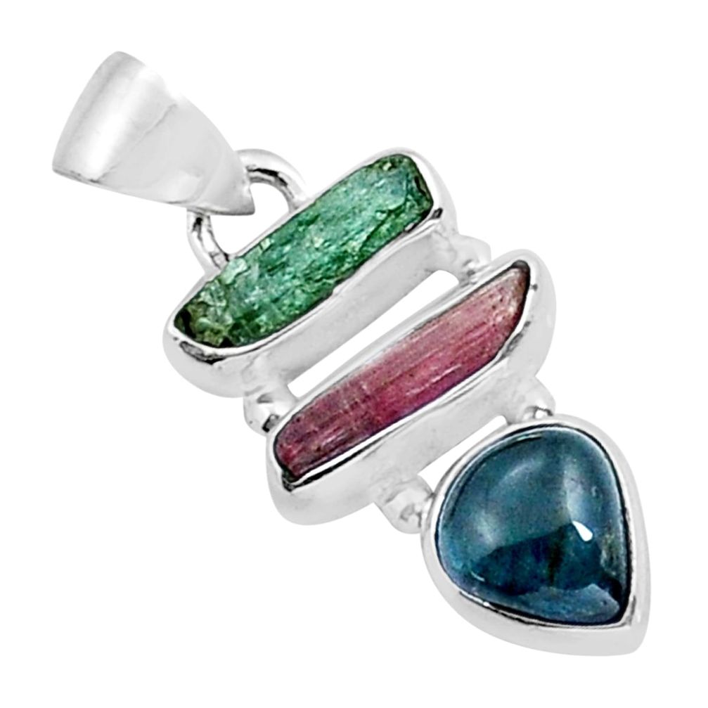 6.19cts 3 stone natural green pink tourmaline 925 sterling silver pendant y16909