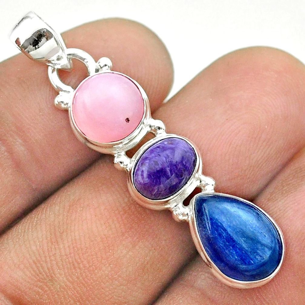 11.13cts 3 stone natural pink opal charoite kyanite 925 silver pendant t55007