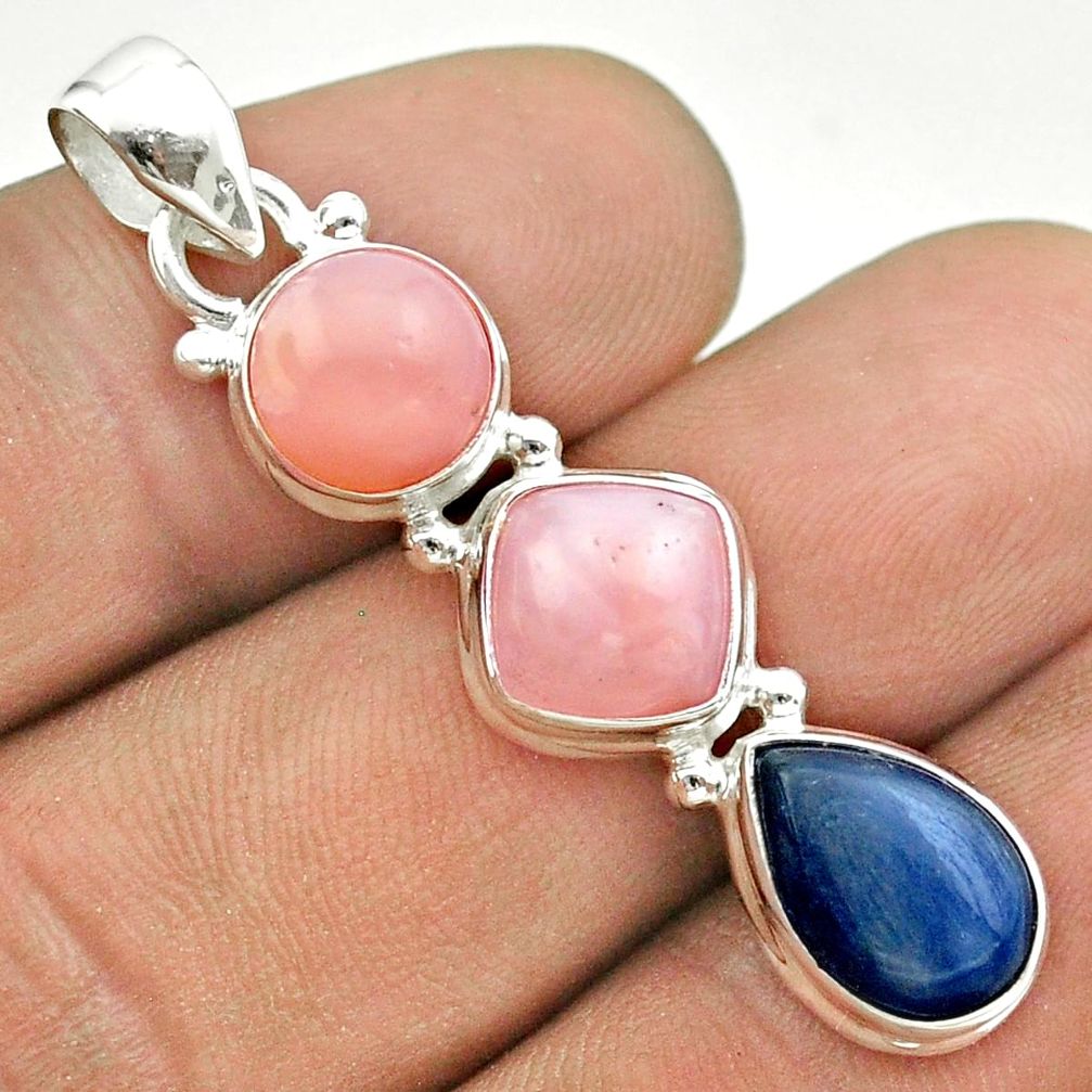 11.57cts 3 stone natural pink opal kyanite 925 silver pendant jewelry t55026