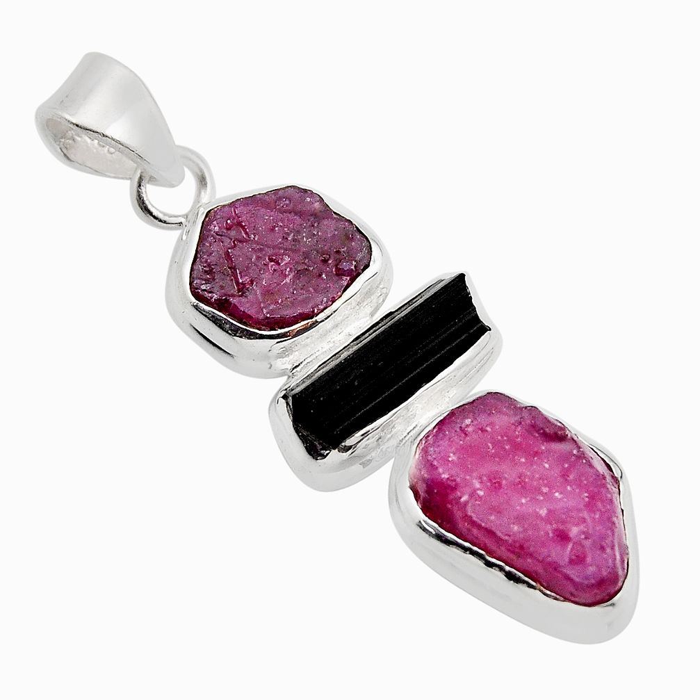 18.66cts 3 stone natural pink ruby tourmaline rough 925 silver pendant y91429