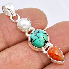 6.16cts 3 stone natural turquoise tibetan coral pearl 925 silver pendant u94467