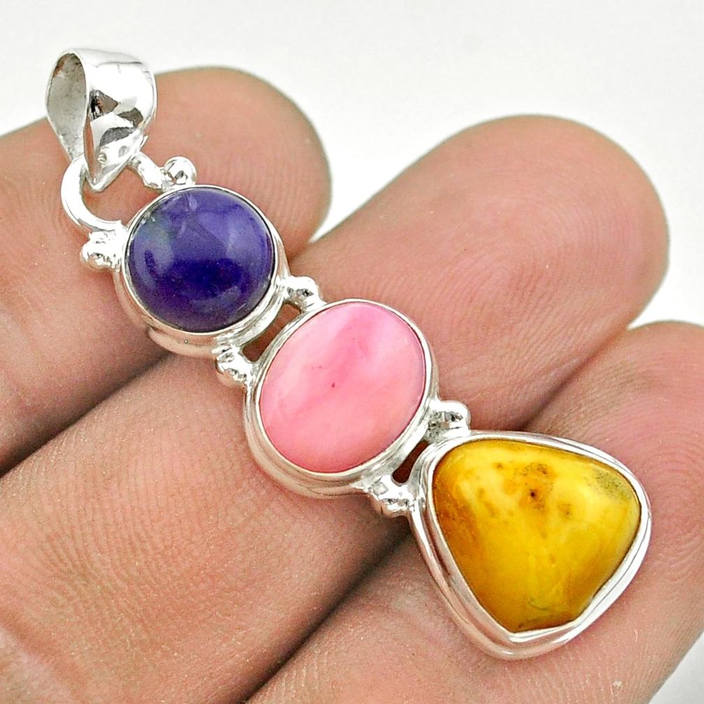 11.57cts 3 stone natural yellow amber bone charoite opal silver pendant t55002