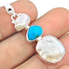 12.02cts 3 stone pearl arizona sleeping beauty turquoise silver pendant u25985