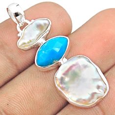 13.37cts 3 stone pearl arizona sleeping beauty turquoise silver pendant u25986