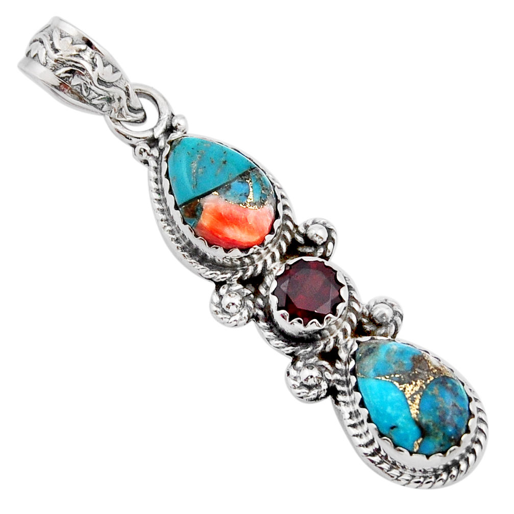 6.04cts 3 stone spiny oyster arizona turquoise garnet 925 silver pendant y37052