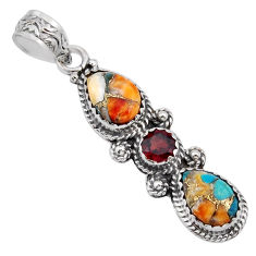 5.57cts 3 stone spiny oyster arizona turquoise red garnet silver pendant y37057