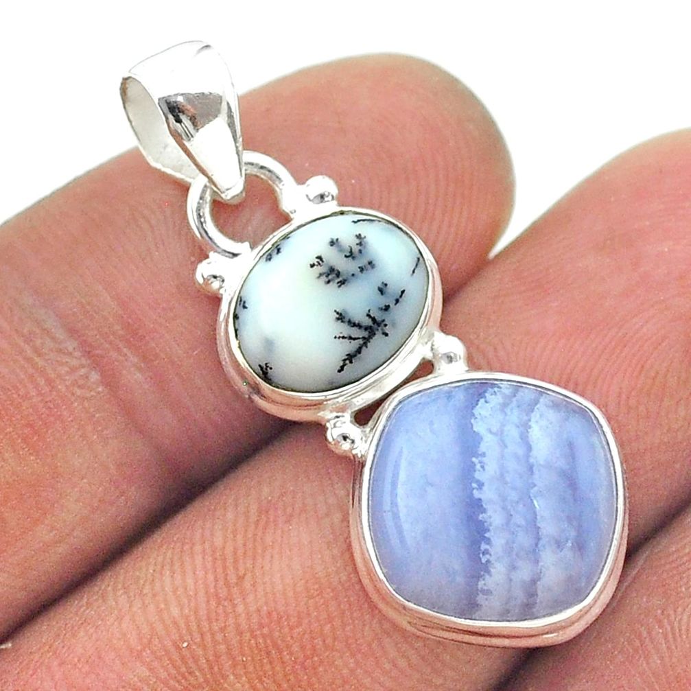925 silver 9.61cts 2 stone natural lace agate dendrite opal pendant t55156