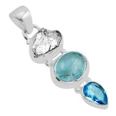 925 silver 9.96cts 3 stone blue aquamarine herkimer diamond topaz pendant y93757