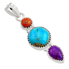 925 silver 7.58cts 3 stone blue purple red copper turquoise round pendant n1233
