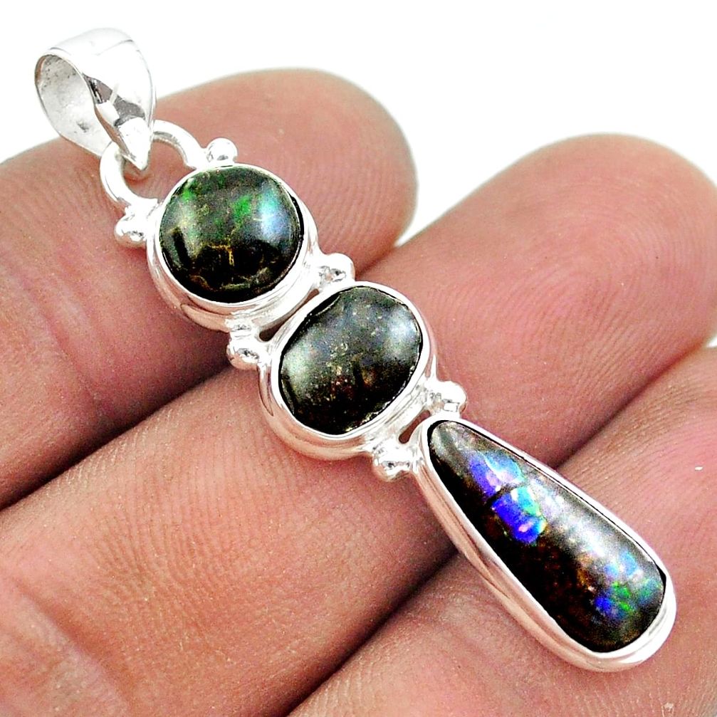 925 silver 10.63cts 3 stone multi color ammolite (canadian) pendant t54946