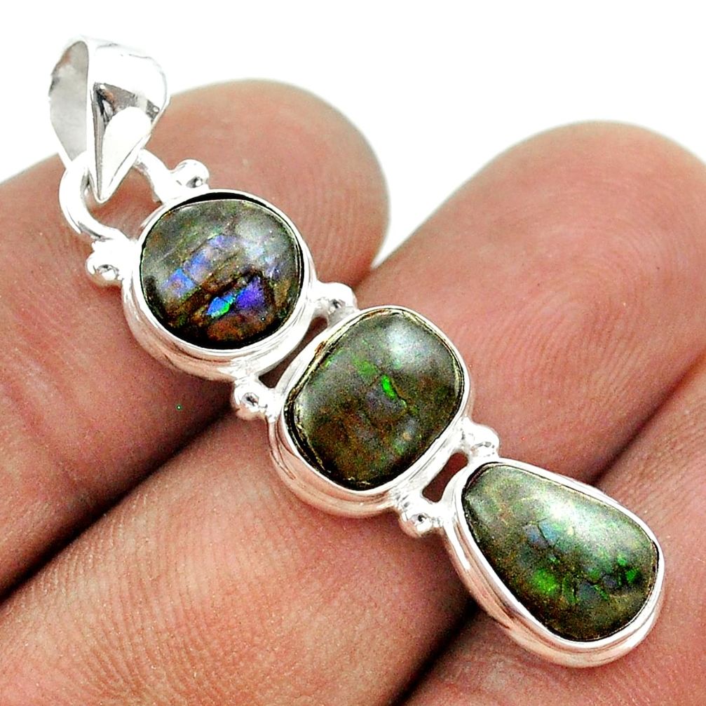 925 silver 10.32cts 3 stone natural ammolite (canadian) fancy pendant t54957