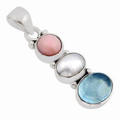 925 silver 11.13cts 3 stone natural blue aquamarine pearl opal pendant y93248