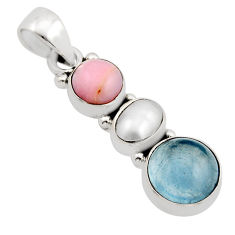 925 silver 10.56cts 3 stone natural blue aquamarine pearl opal pendant y93251