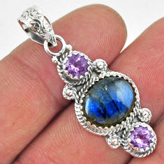 925 silver 6.77cts 3 stone natural blue labradorite oval amethyst pendant y44577