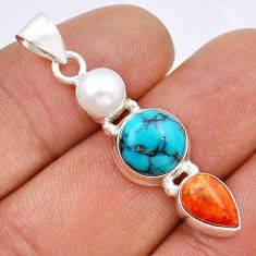 925 silver 6.52cts 3 stone natural turquoise tibetan coral pearl pendant u94466