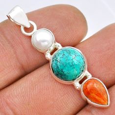 925 silver 6.57cts 3 stone natural turquoise tibetan coral pearl pendant u94468