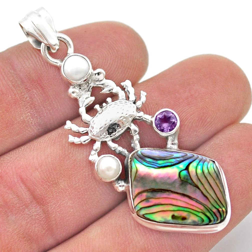 925 silver 15.31cts abalone paua seashell amethyst pearl crab pendant d48183