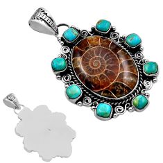 925 silver 43.67cts back closed ammonite fossil kingman turquoise pendant c32841