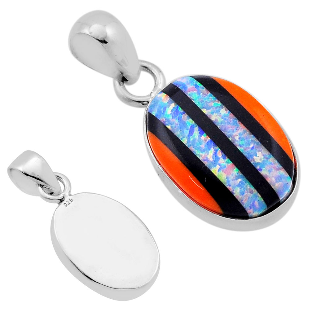 925 silver 5.81cts back closed blue orange black strip opal oval pendant n46023