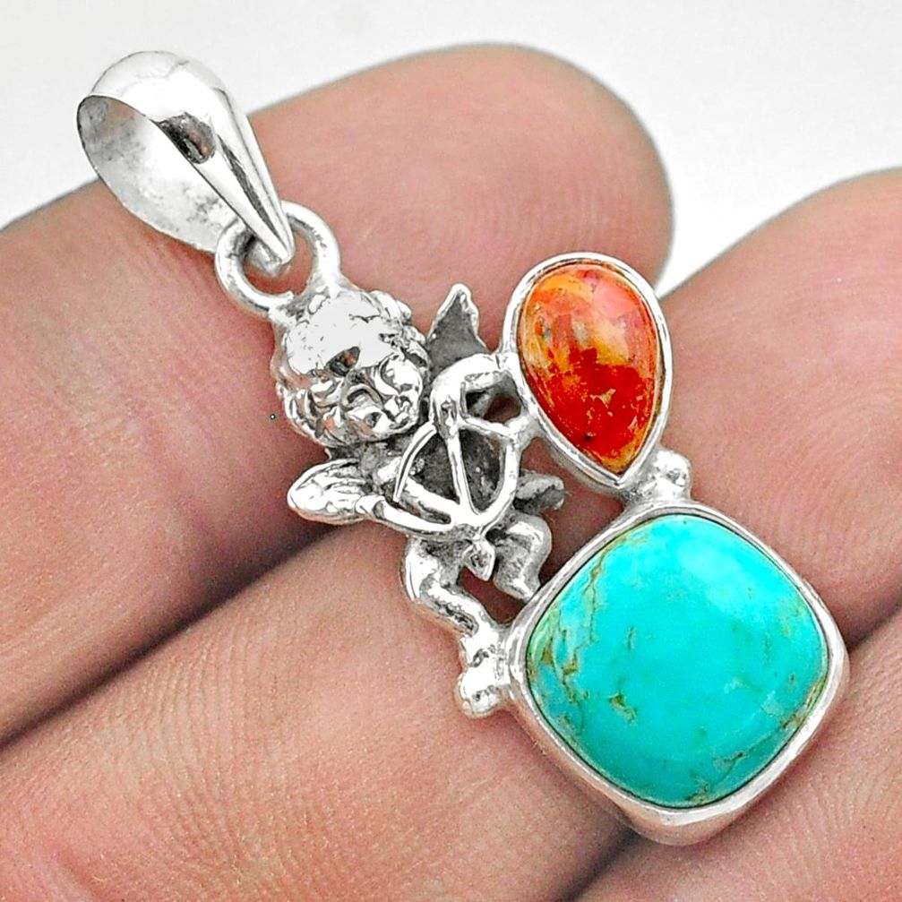 925 silver 6.26cts blue arizona mohave turquoise coral angel pendant t51277