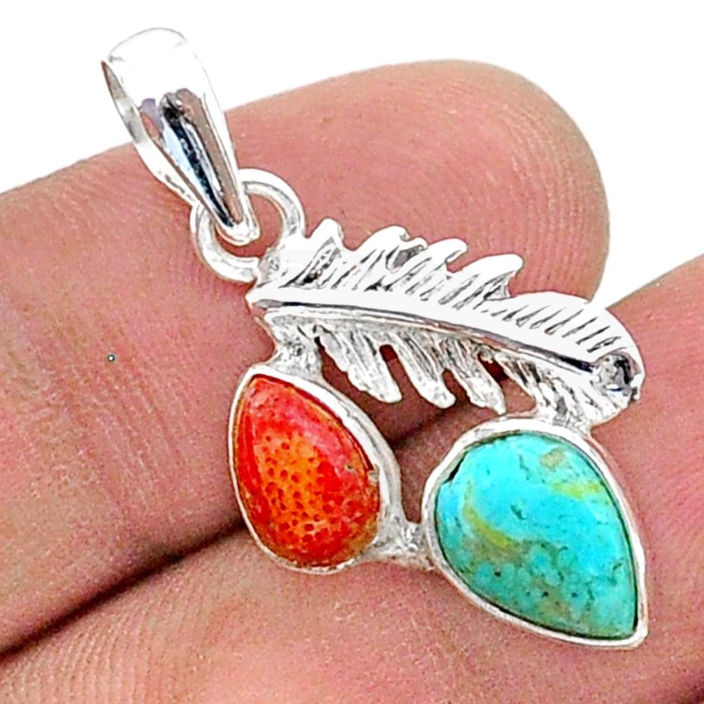 925 silver 5.57cts blue arizona mohave turquoise coral feather pendant t38398