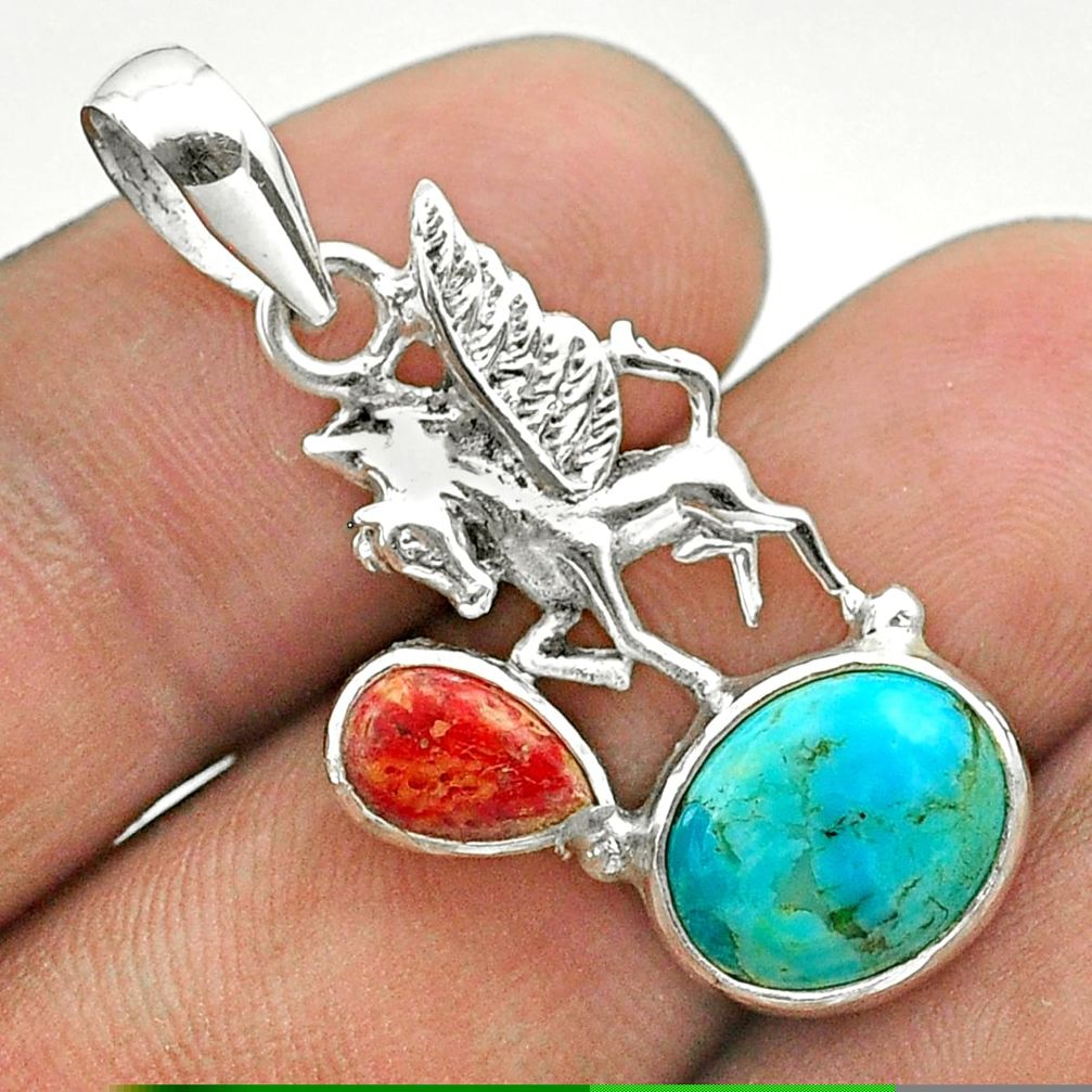 925 silver 6.43cts blue arizona mohave turquoise coral unicorn pendant t51273