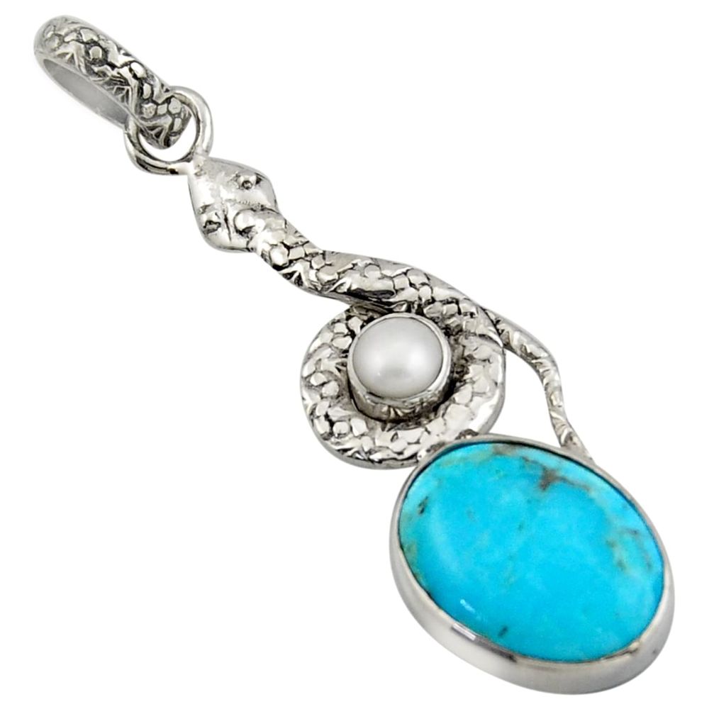 925 silver 11.57cts blue arizona mohave turquoise pearl snake pendant d47271