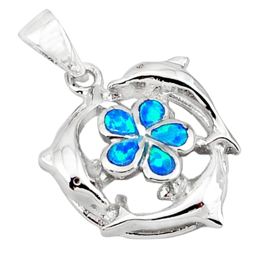 925 silver blue australian opal (lab) enamel dolphin pendant jewelry c15651