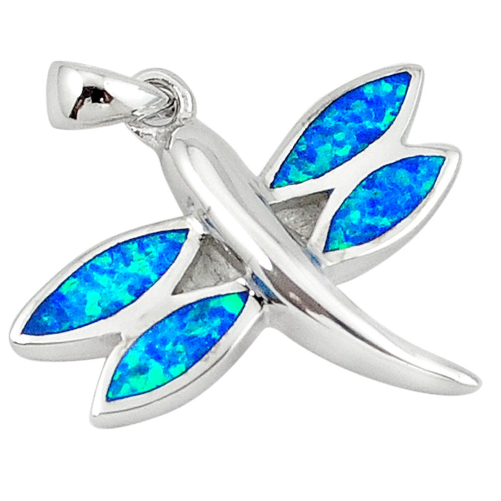 LAB 925 silver blue australian opal (lab) enamel dragonfly pendant c15691