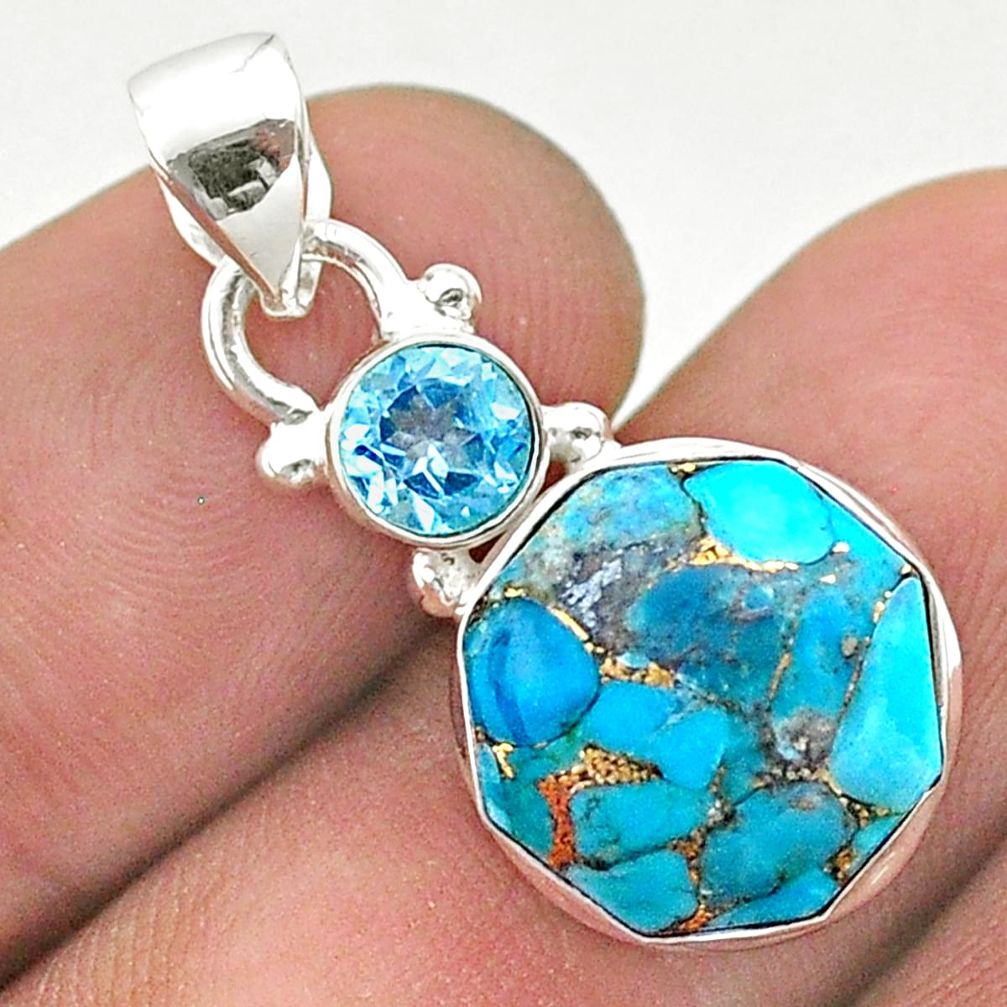 925 silver 6.24cts blue copper turquoise hexagon topaz pendant jewelry t46448