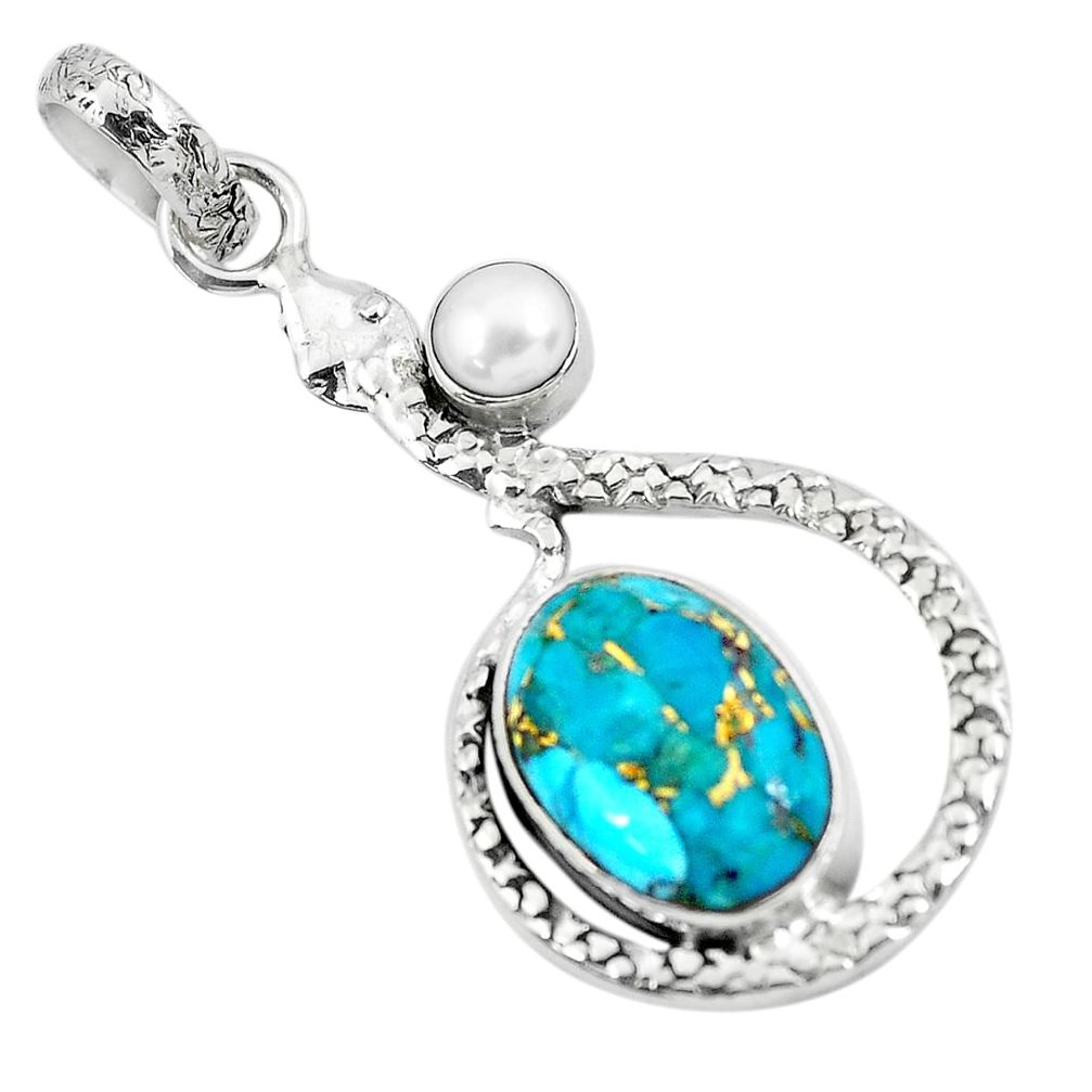 925 silver 6.84cts blue copper turquoise oval white pearl snake pendant p49133