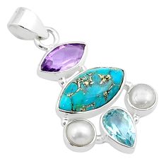925 silver 7.85cts blue copper turquoise topaz amethyst pearl pendant u31963
