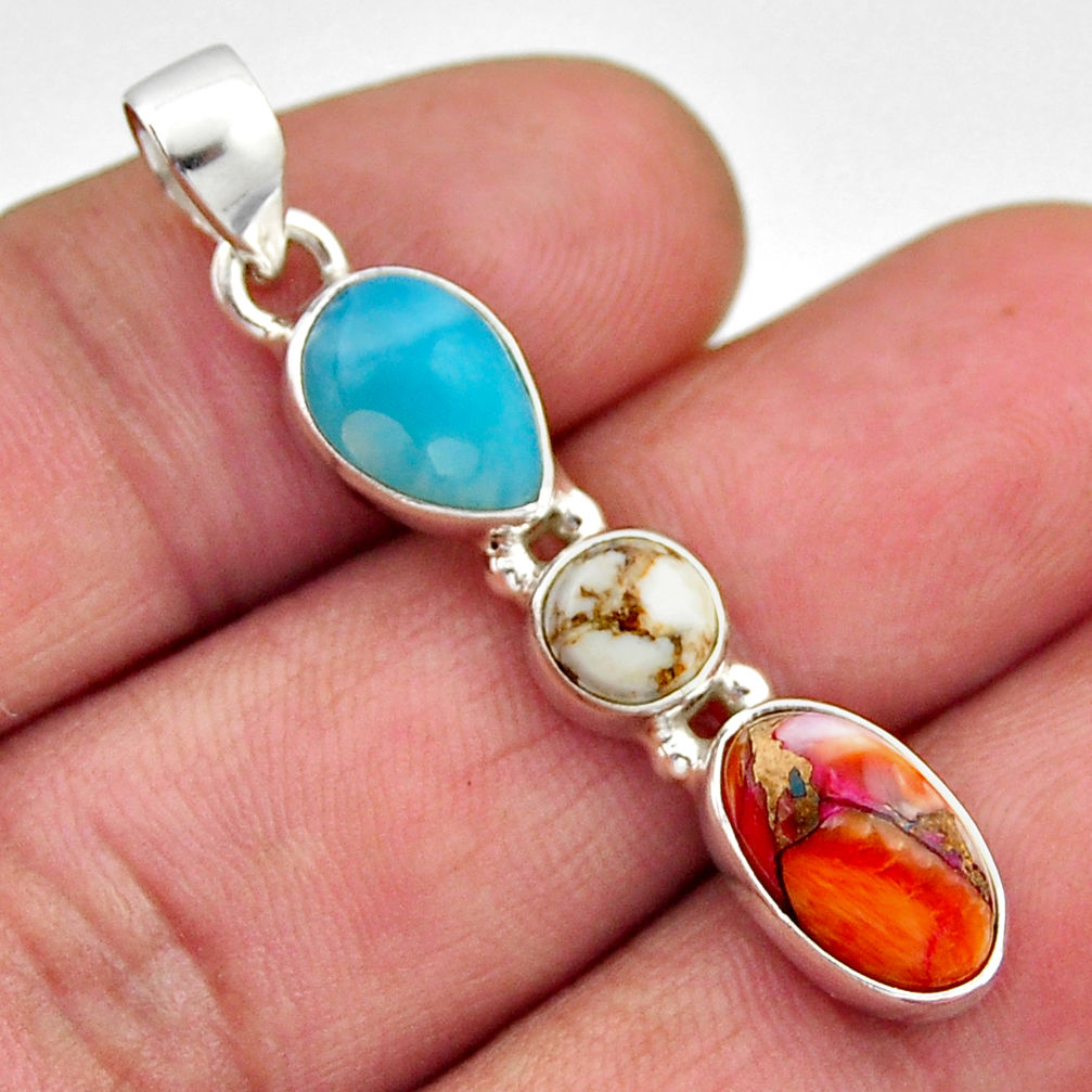 925 silver 7.24cts blue larimar spiny oyster arizona turquoise pendant n17713