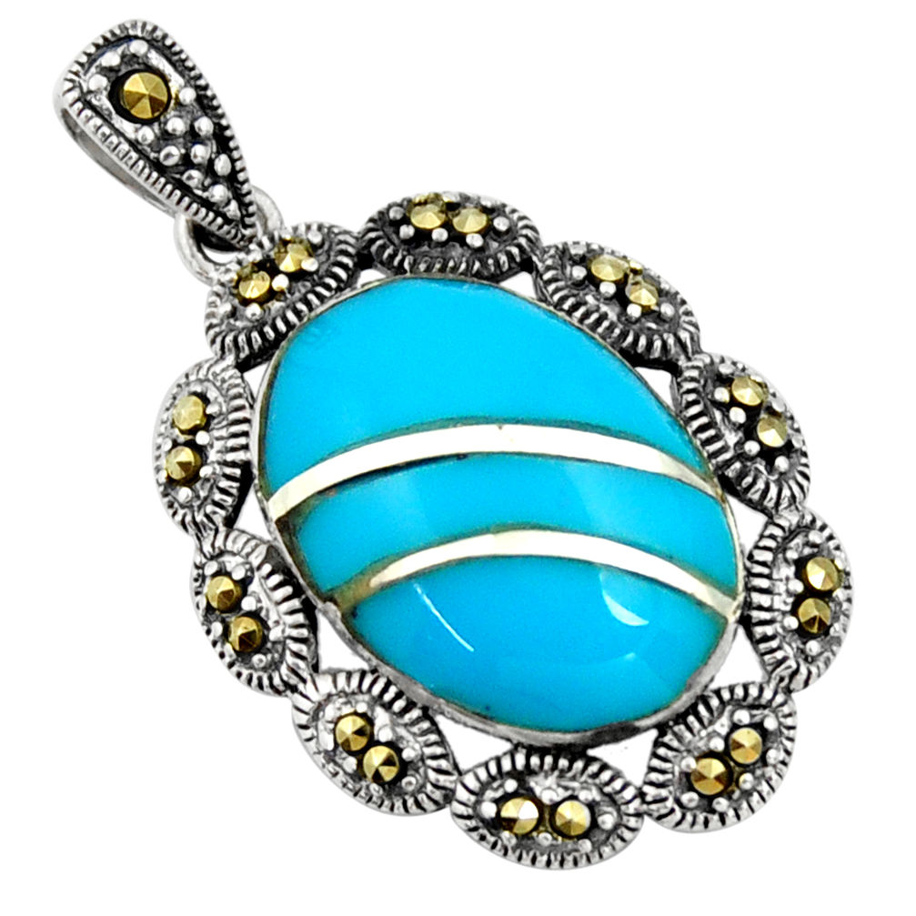 LAB 925 silver 6.22cts blue sleeping beauty turquoise marcasite pendant c26678