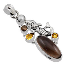 925 silver 10.44cts brown smoky topaz citrine pearl fairy mermaid pendant n13509