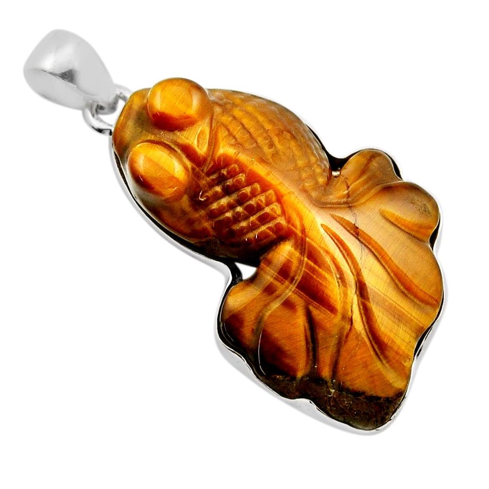 925 silver 23.13cts carving fish natural brown tiger's eye fancy pendant n2970