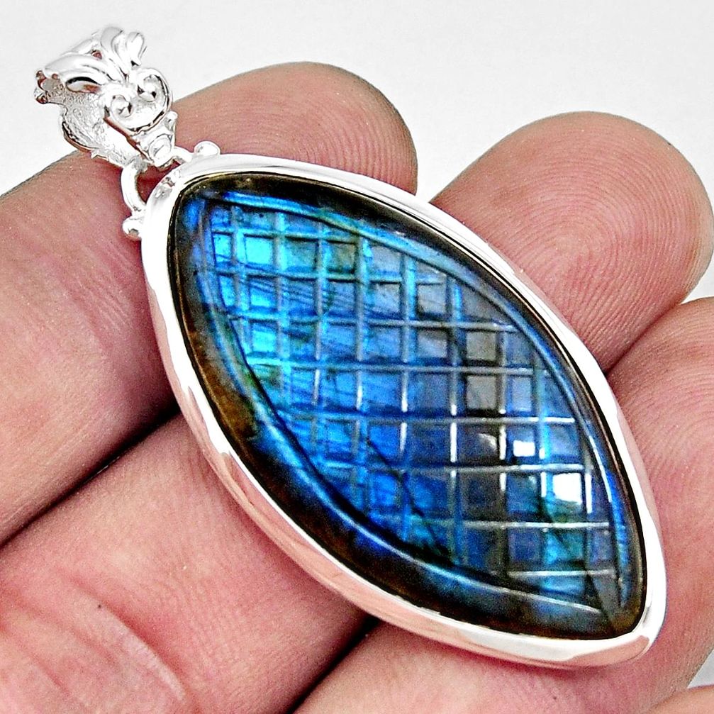 925 silver 29.34cts carving natural blue labradorite marquise pendant r29035