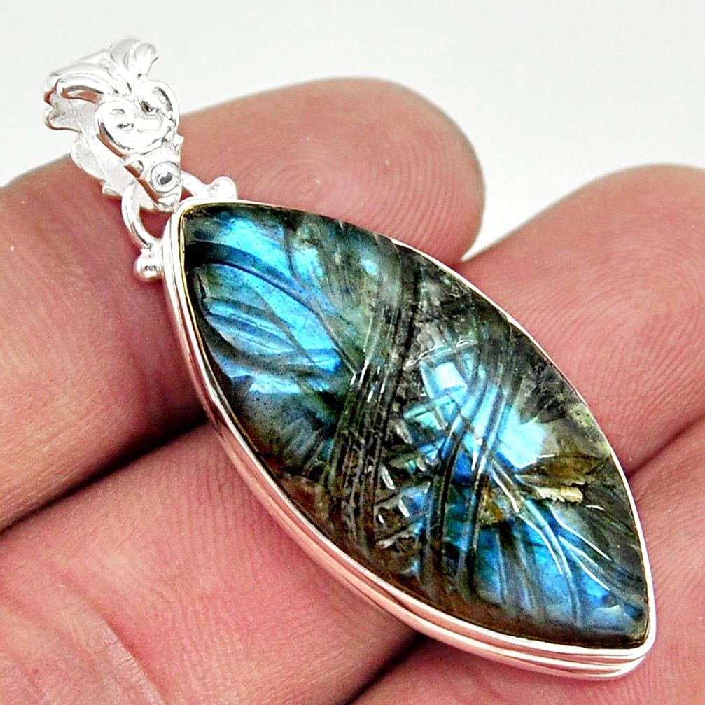 925 silver 25.93cts carving natural blue labradorite marquise pendant r29091