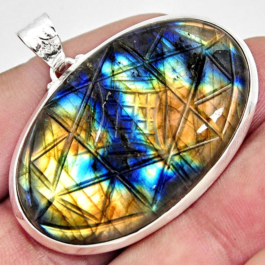 925 silver 50.78cts carving natural blue labradorite oval pendant r29015