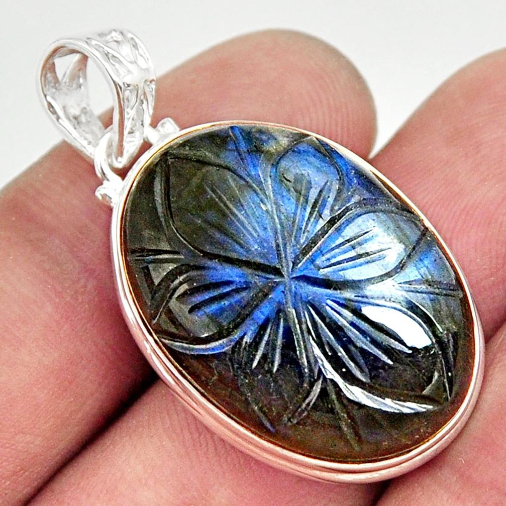 925 silver 27.13cts carving natural blue labradorite oval pendant r29109